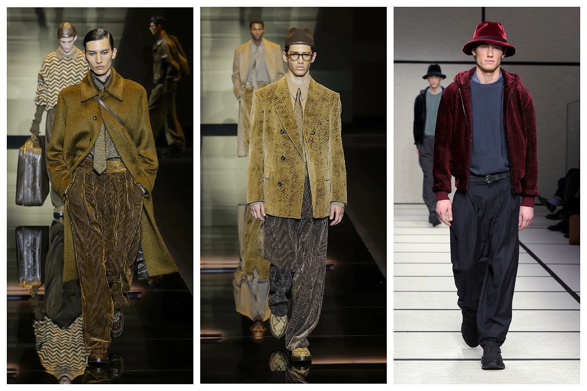 Вельвет в коллекциях Emporio Armani и Giorgio Armani. Сезон: FW 2025 Menswear. Фото: WWD